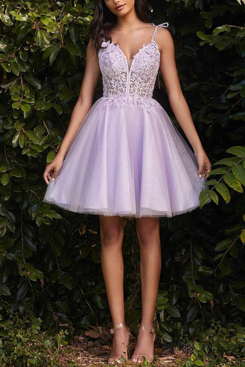 H5306 - V-Neck Lace Appliqued Sheer Tulle A-Line Mini Homecoming Dress