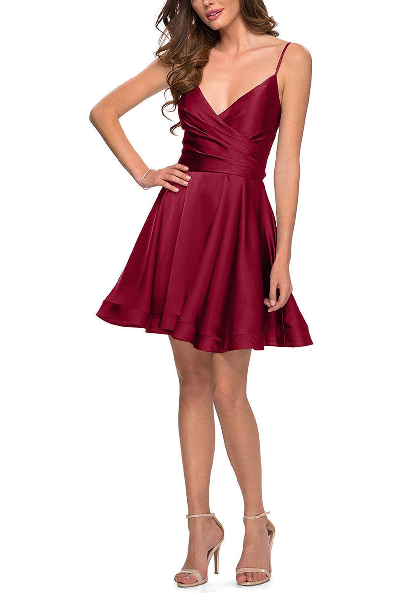 H5310 - V-Neck Spaghetti Straps Ruched Satin A-Line Mini Homecoming Dress