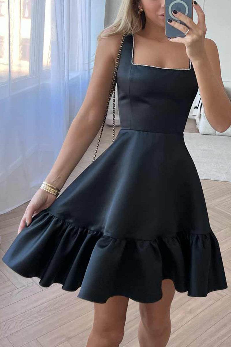 H5319 - Square Neck Beaded Satin A-Line Mini Homecoming Dress With Ruffles