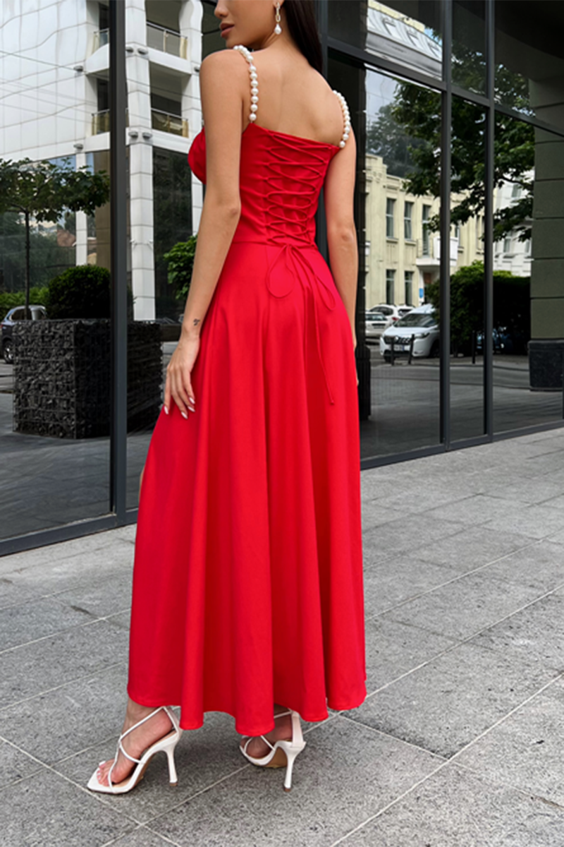 H5320 - Square Neck Pearl Ruched Satin A-Line Long Evening Party Dress