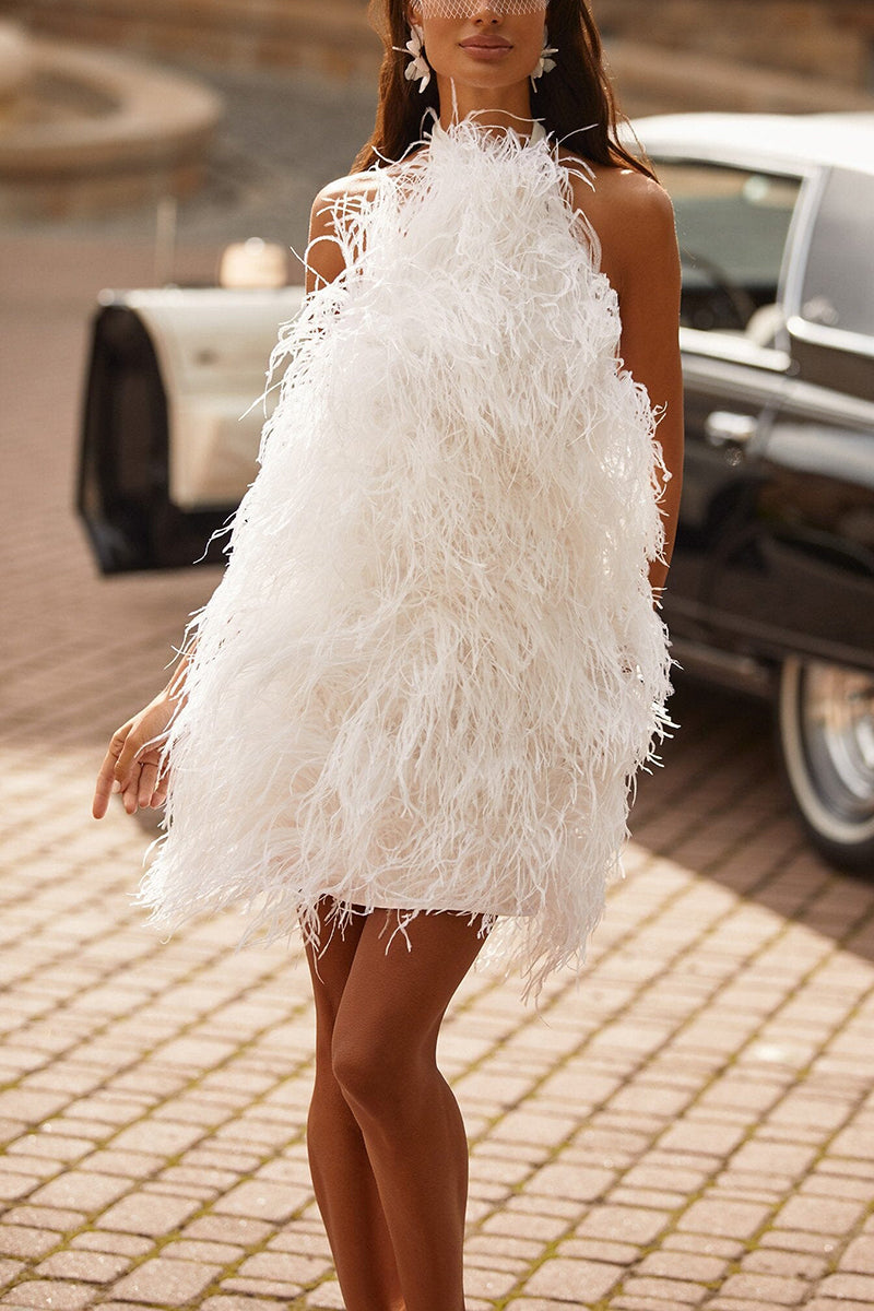 H5325 - White Halter Sleeveless Feather A-Line Mini Homecoming Dress