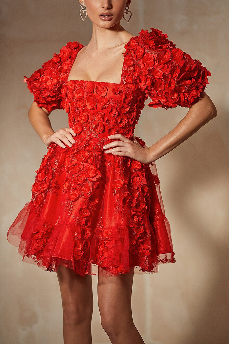 H5327 - Floral Square Neck Short Sleeves Tulle A-Line Mini Homecoming Dress