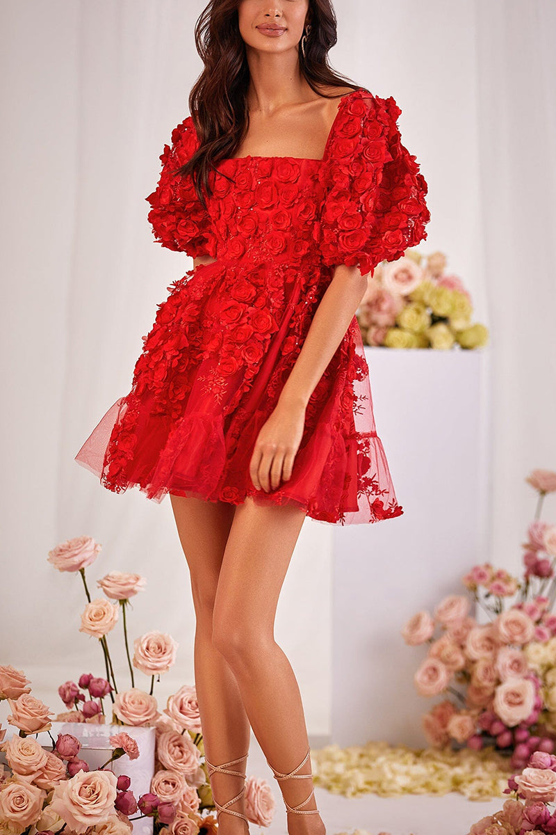 H5327 - Floral Square Neck Short Sleeves Tulle A-Line Mini Homecoming Dress