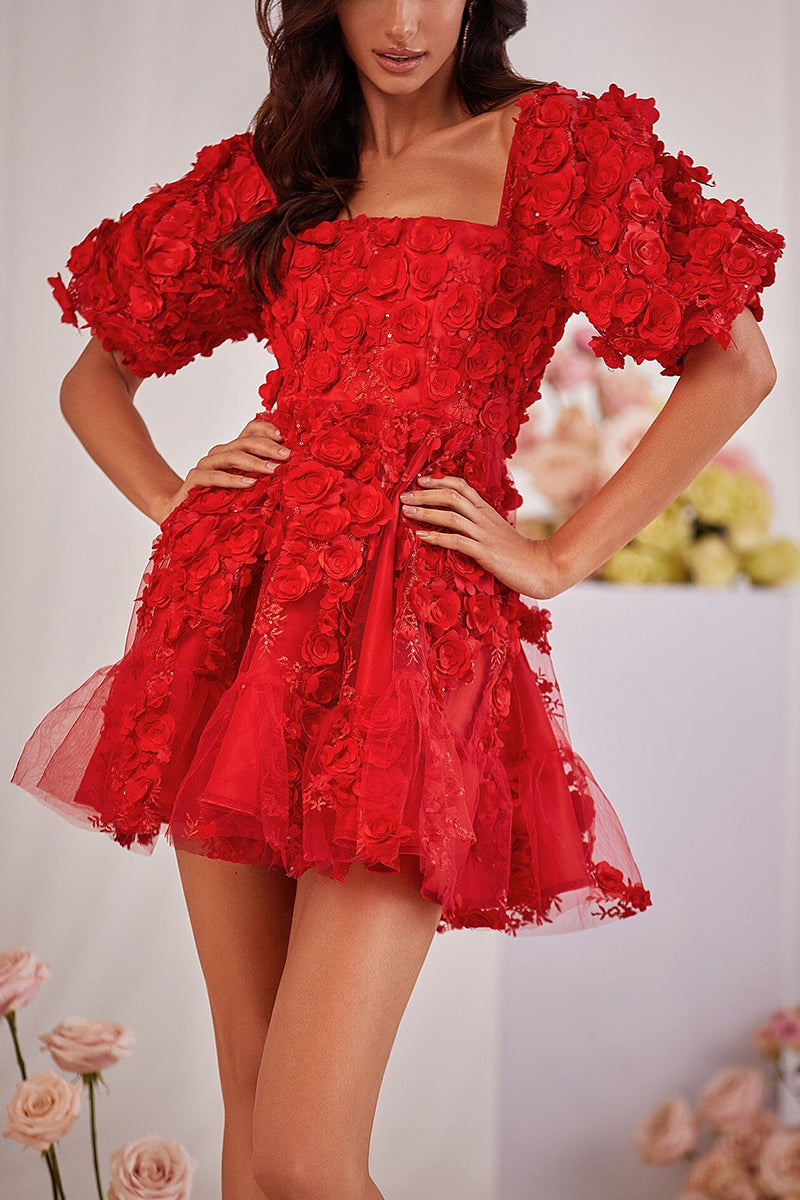 H5327 - Floral Square Neck Short Sleeves Tulle A-Line Mini Homecoming Dress