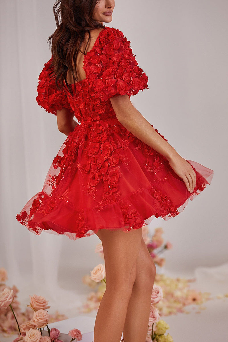 H5327 - Floral Square Neck Short Sleeves Tulle A-Line Mini Homecoming Dress