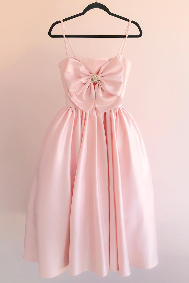 H5425 - Spaghetti Straps Ruched Satin A-Line Mini Homecoming Dress With Bow