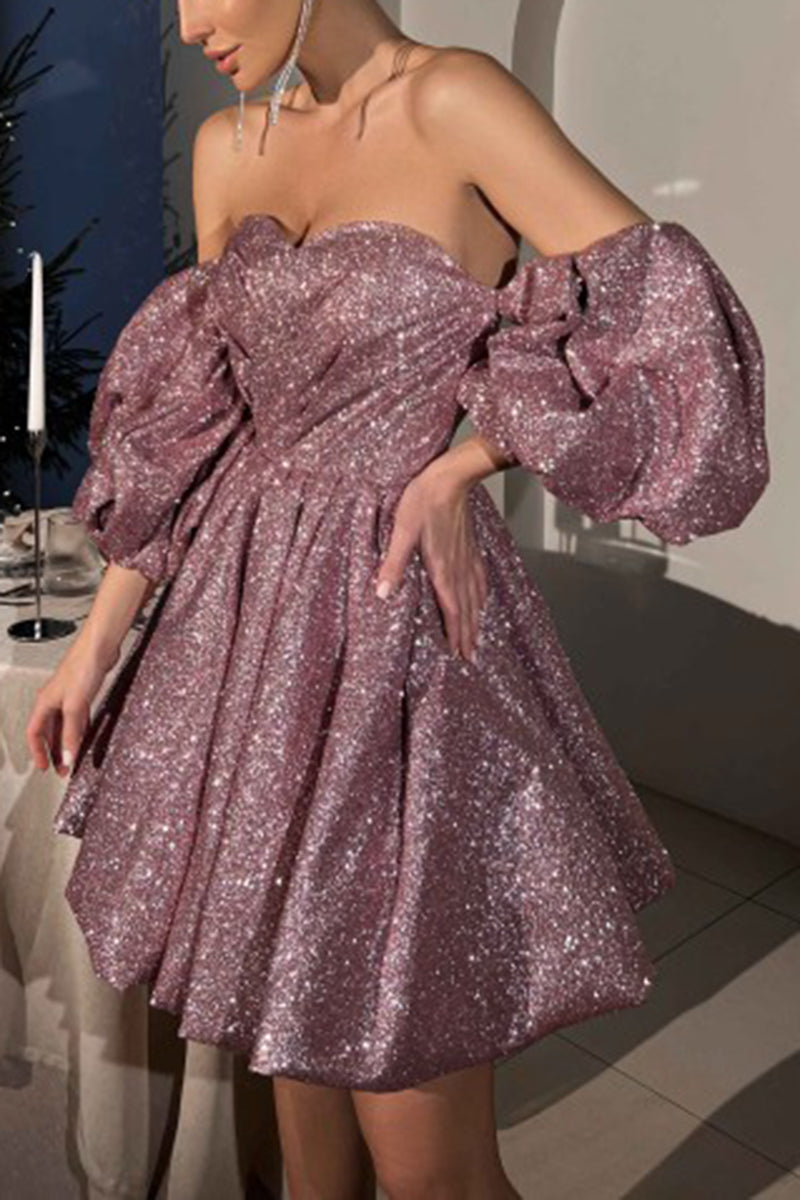 H5428 - Sweetheart Off-Shoulder Ruched Sequined A-Line Mini Hoecoming Dress