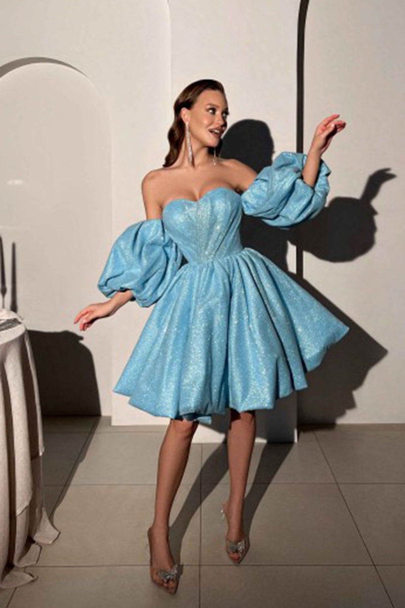 H5436 - Sweetheart Off-Shoulder Ruched Sequined A-Line Mini Homecoming Dress