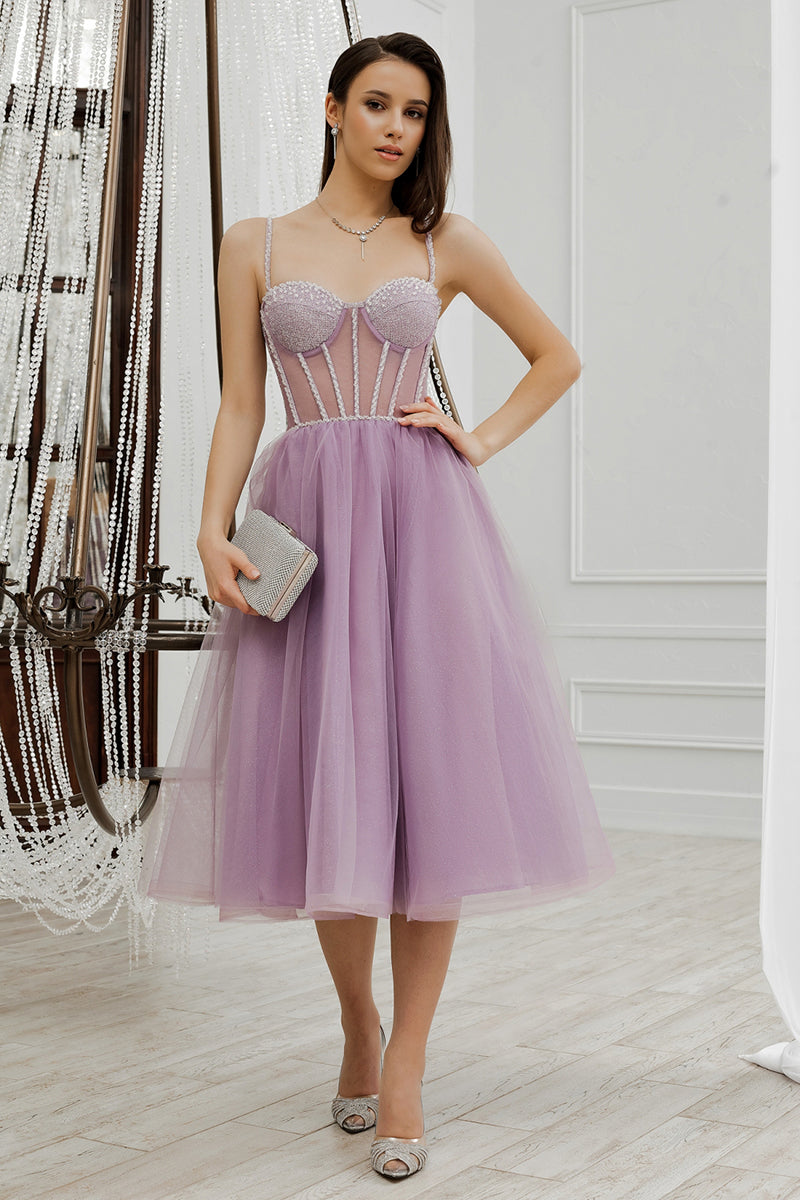 H5439 - Sweetheart Sleeveless Beaded Sheer Tulle A-Line Midi Evening Dress