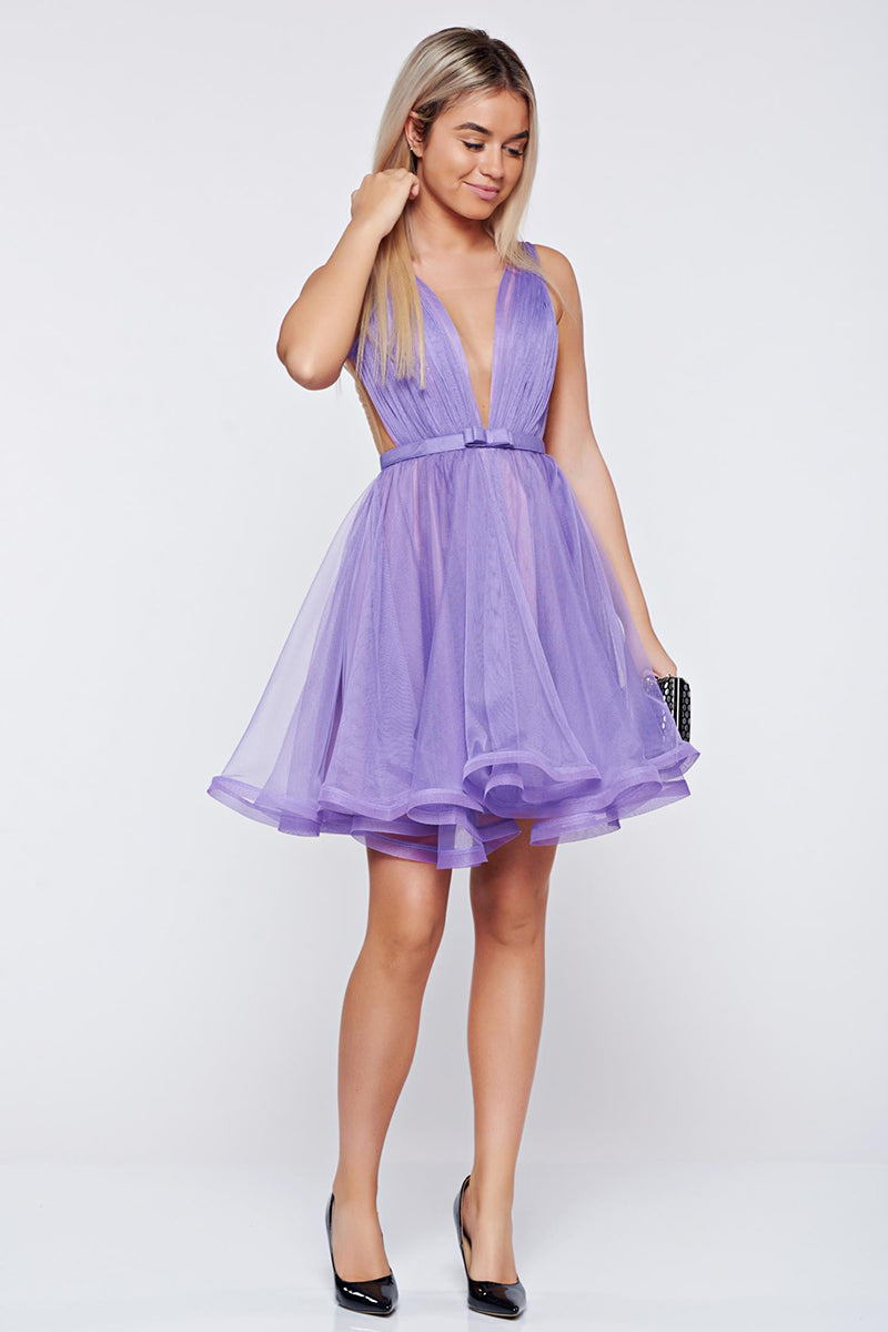 H5457 - Low V-Neck Sleeveless Ruched Tulle A-Line Mini Homecoming Dress