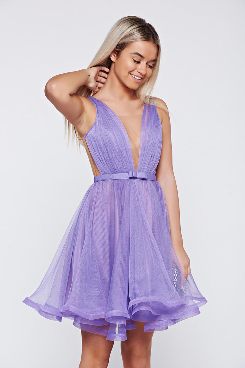 H5457 - Low V-Neck Sleeveless Ruched Tulle A-Line Mini Homecoming Dress