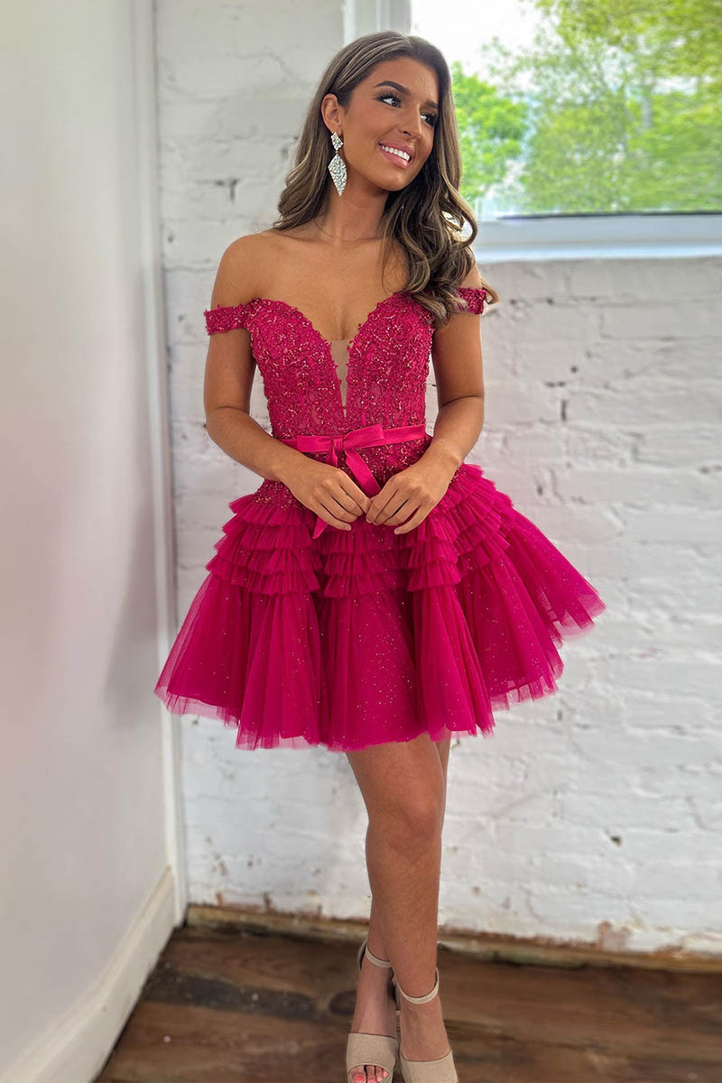 H5461 - Low V-Neck Off-Shoulder Beaded Tulle A-Line Mini Homecoming Dress