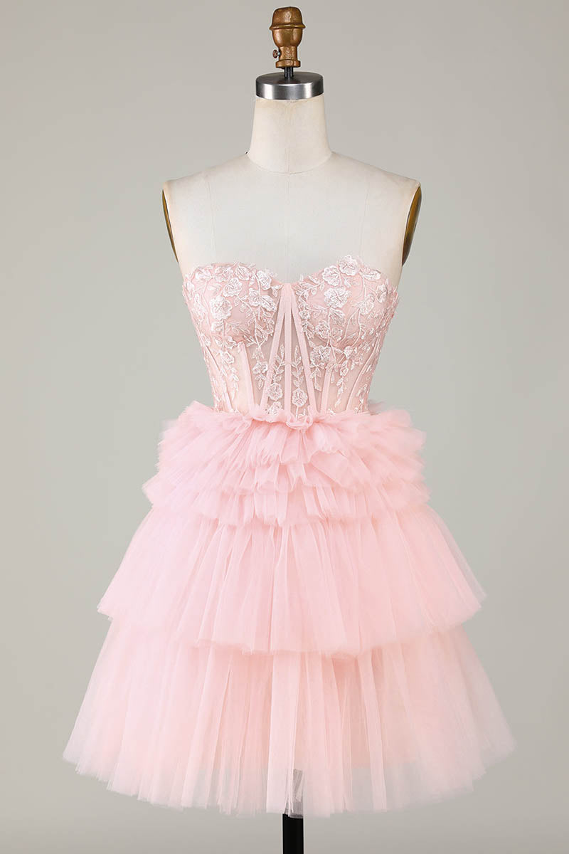 H5462 - Sweetheart Strapless Appliqued Sheer Tulle A-Line Mini Homecoming Dress