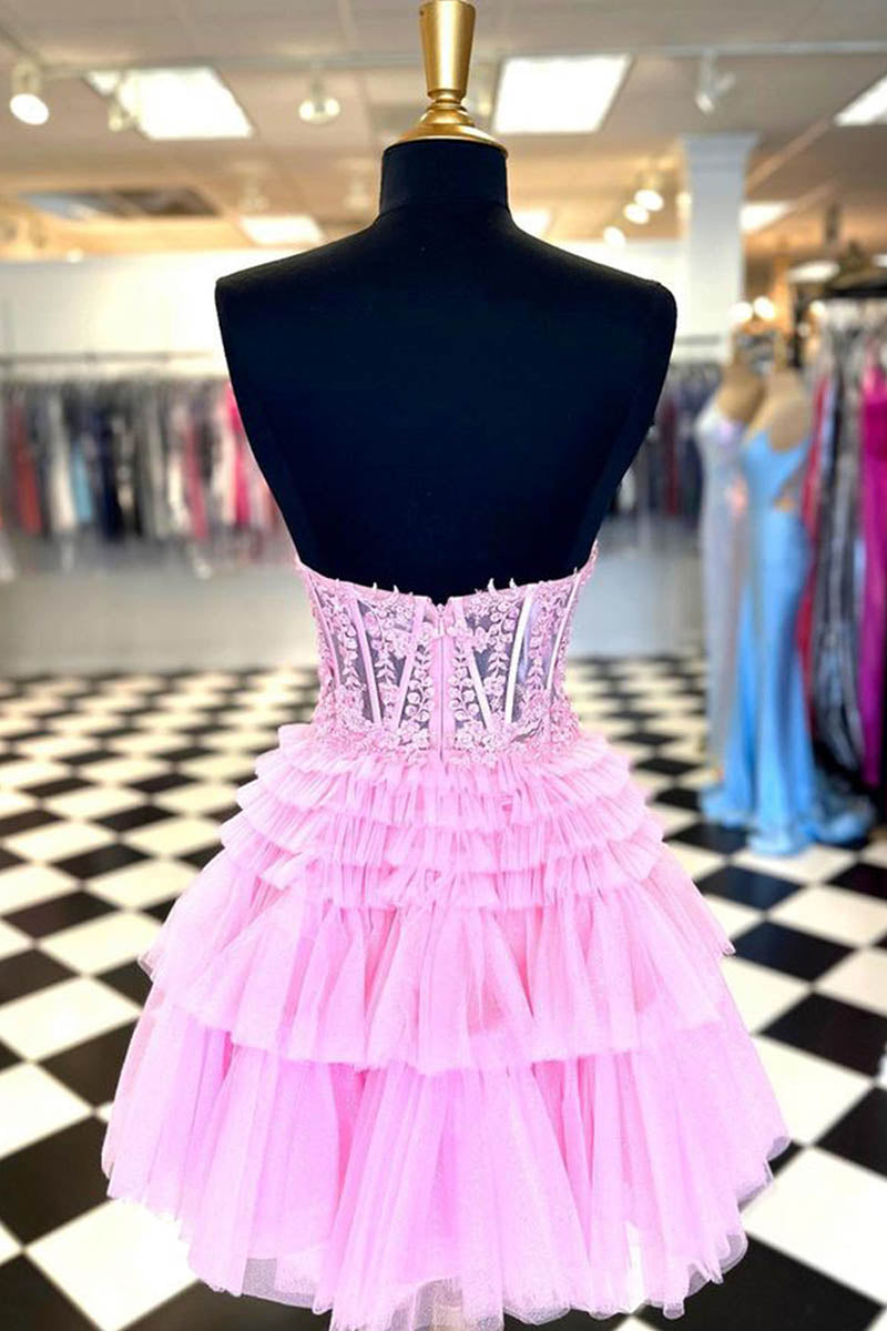 H5462 - Sweetheart Strapless Appliqued Sheer Tulle A-Line Mini Homecoming Dress