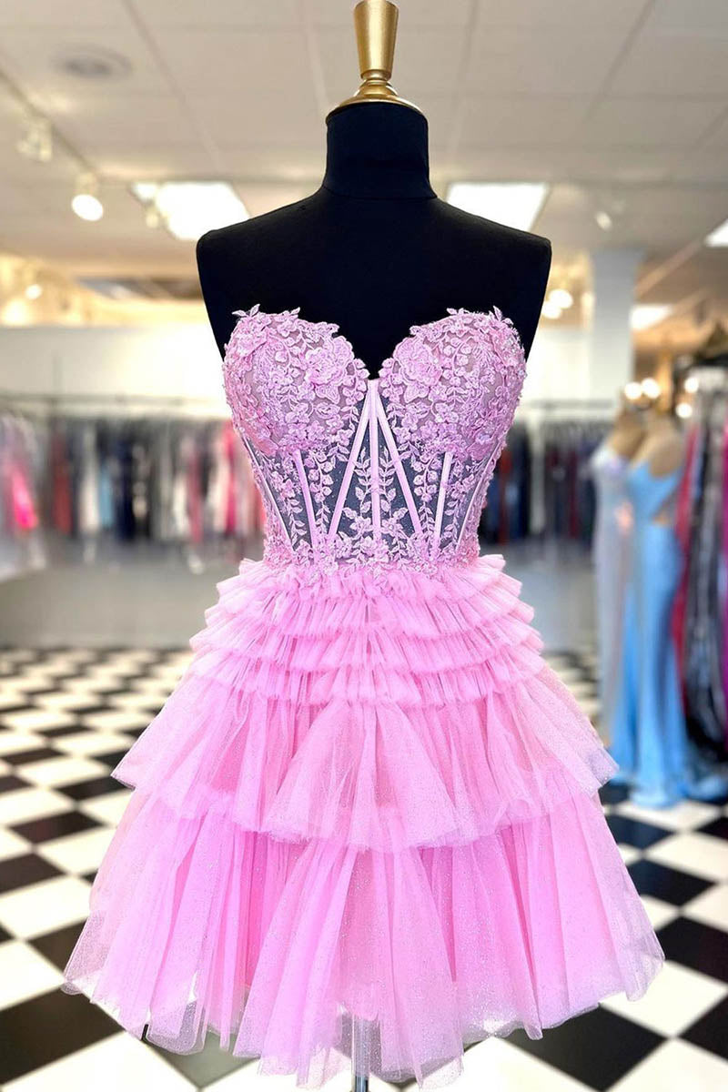 H5462 - Sweetheart Strapless Appliqued Sheer Tulle A-Line Mini Homecoming Dress