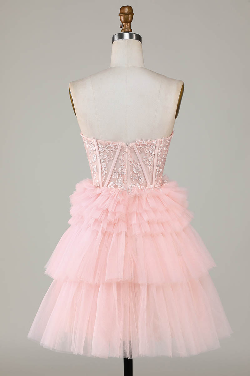 H5462 - Sweetheart Strapless Appliqued Sheer Tulle A-Line Mini Homecoming Dress