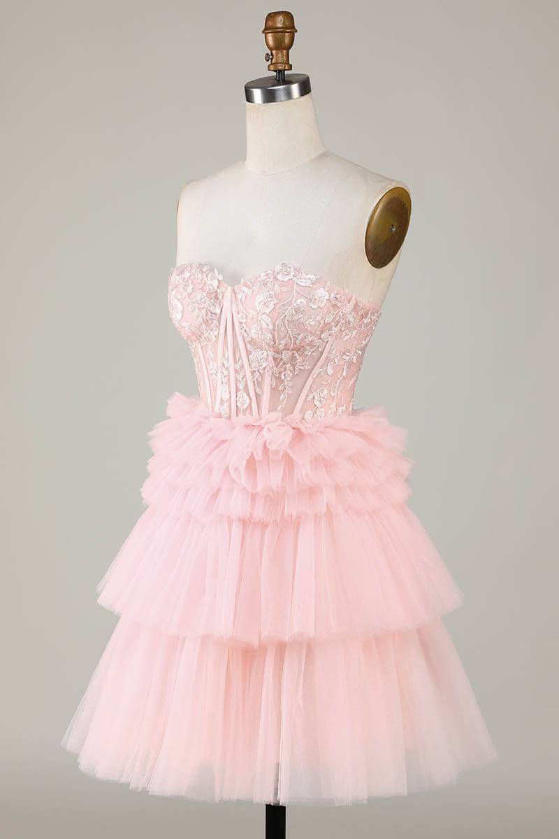 H5462 - Sweetheart Strapless Appliqued Sheer Tulle A-Line Mini Homecoming Dress