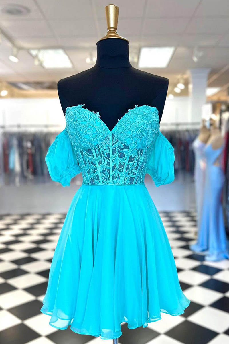 H5463 - Sweetheart Off-Shoulder Appliqued Tulle A-Line Mini Homecoming Dress