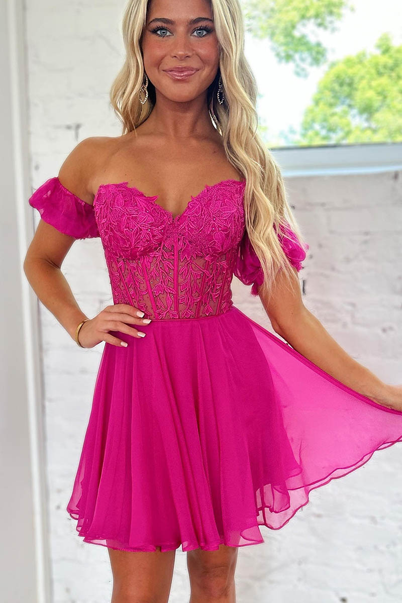 H5463 - Sweetheart Off-Shoulder Appliqued Tulle A-Line Mini Homecoming Dress