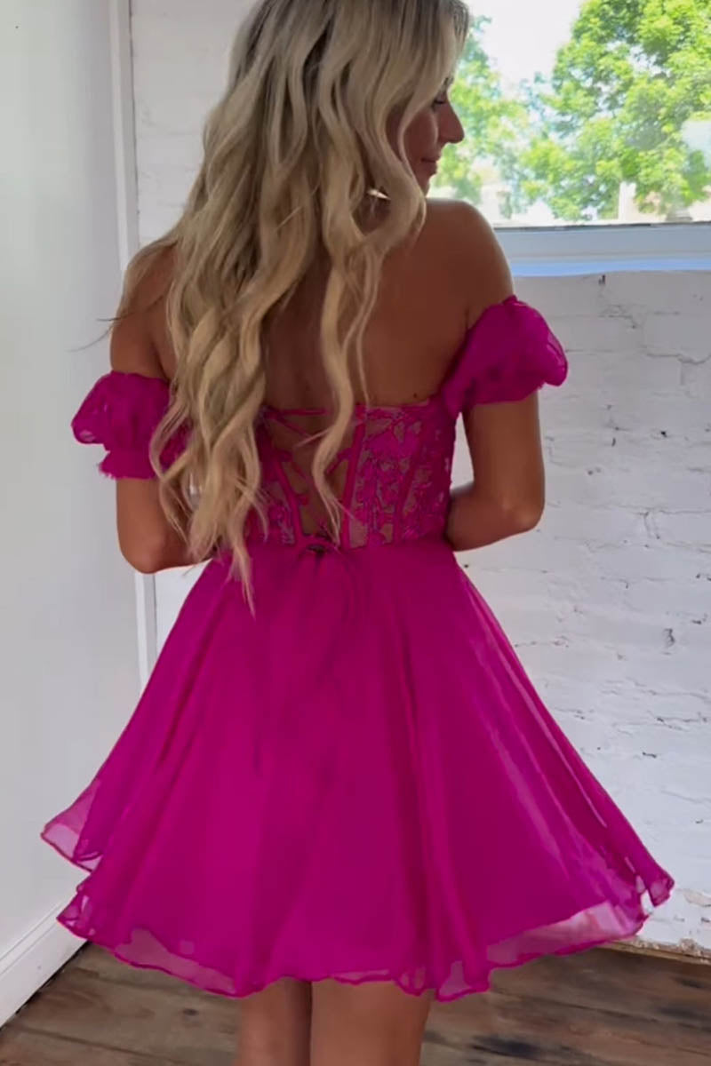 H5463 - Sweetheart Off-Shoulder Appliqued Tulle A-Line Mini Homecoming Dress