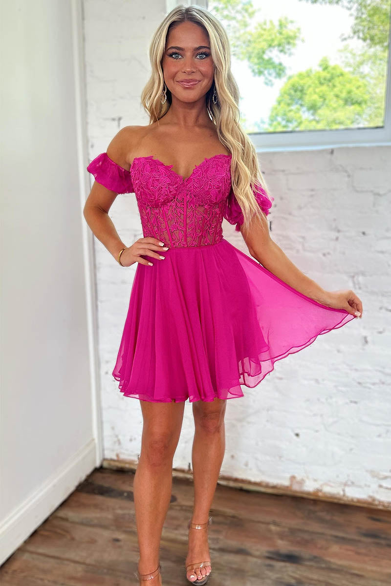 H5463 - Sweetheart Off-Shoulder Appliqued Tulle A-Line Mini Homecoming Dress