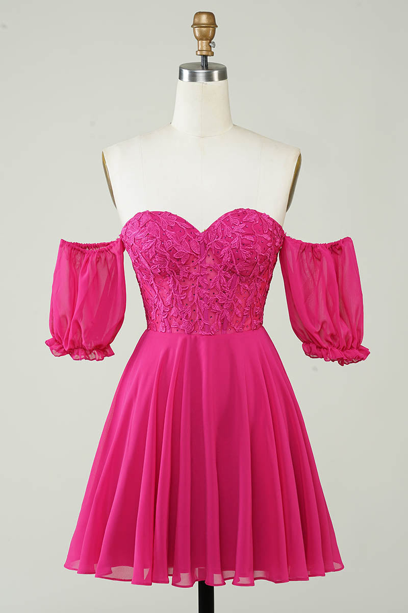 H5463 - Sweetheart Off-Shoulder Appliqued Tulle A-Line Mini Homecoming Dress