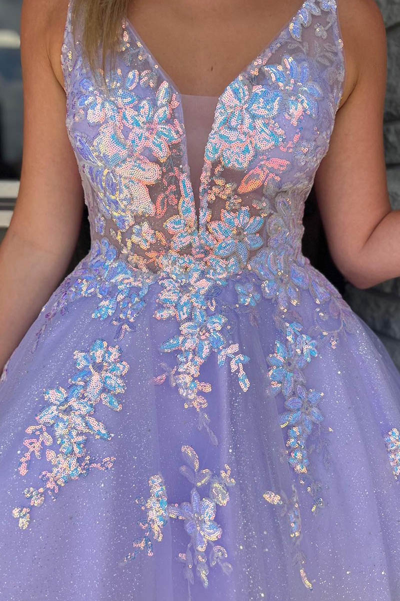 H5465 - Low V-Neck Sequined Appliqued Tulle A-Line Mini Homecoming Dress