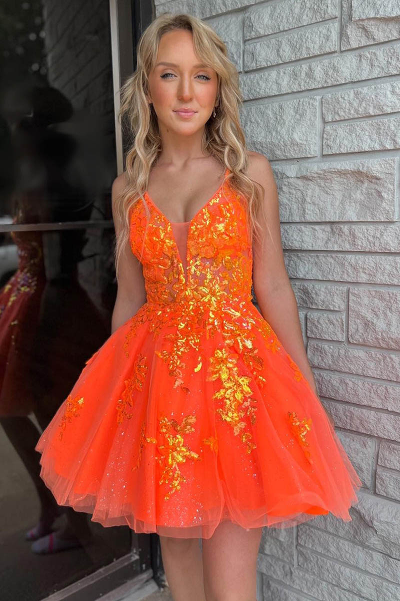 H5465 - Low V-Neck Sequined Appliqued Tulle A-Line Mini Homecoming Dress