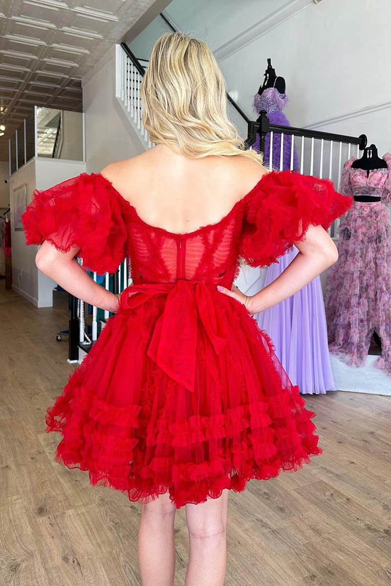 H5467 - Off-Shoulder Short Sleeves Sheer Tulle A-Line Mini Homecoming Dress