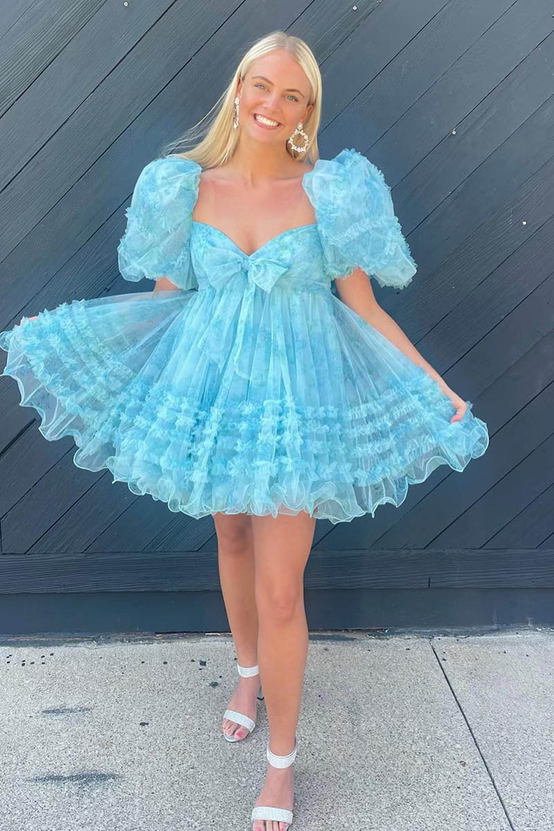 H5468 - Sweetheart Short Puff Sleeves Print Tulle A-Line Mini Homecoming Dress