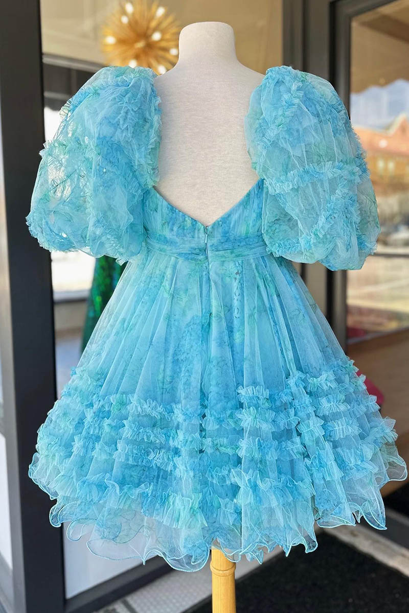 H5468 - Sweetheart Short Puff Sleeves Print Tulle A-Line Mini Homecoming Dress