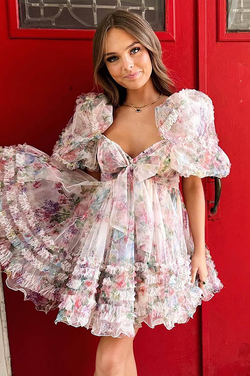 H5468 - Sweetheart Short Puff Sleeves Print Tulle A-Line Mini Homecoming Dress