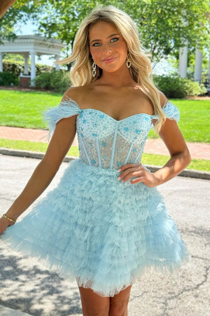 H5469 - Off-Shoulder Feather Beaded Sheer Tulle A-Line Mini Homecoming Dress