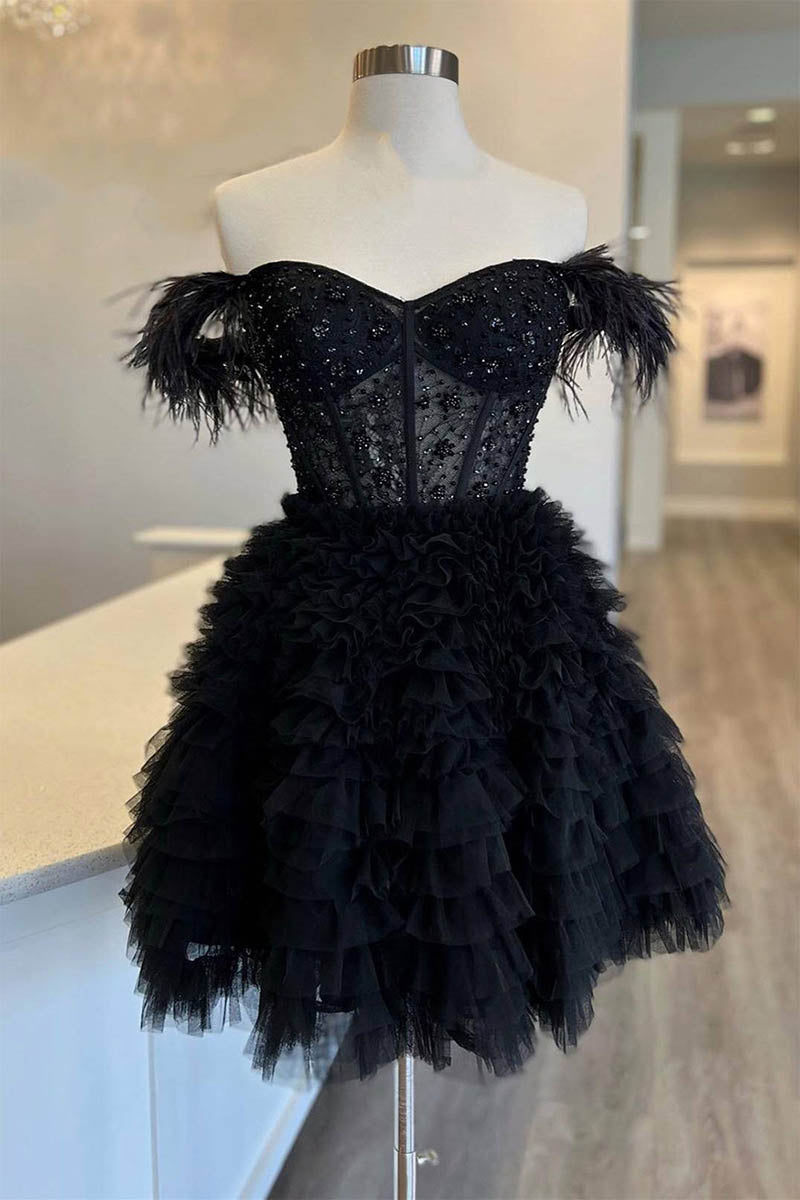 H5469 - Off-Shoulder Feather Beaded Sheer Tulle A-Line Mini Homecoming Dress