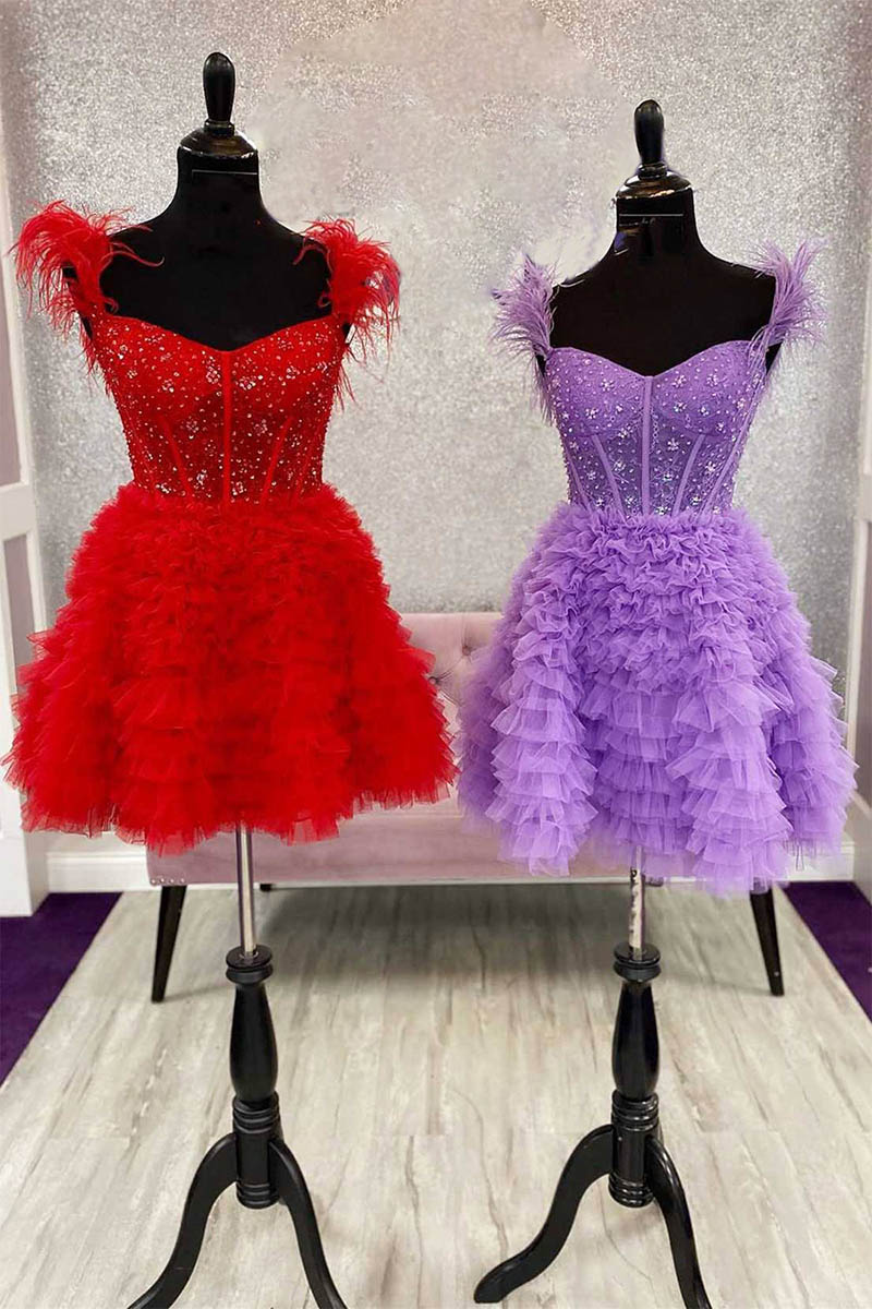 H5469 - Off-Shoulder Feather Beaded Sheer Tulle A-Line Mini Homecoming Dress