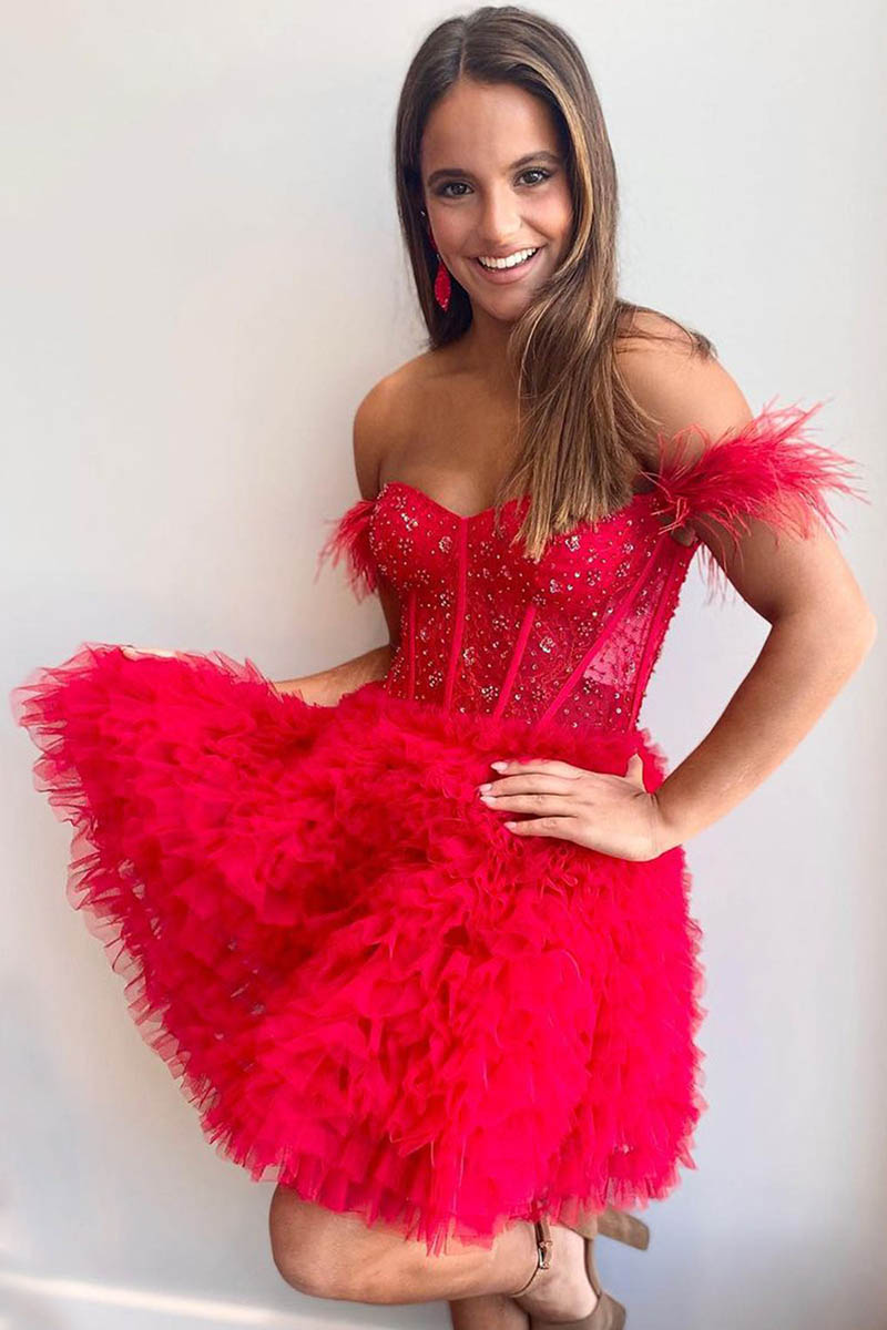 H5469 - Off-Shoulder Feather Beaded Sheer Tulle A-Line Mini Homecoming Dress