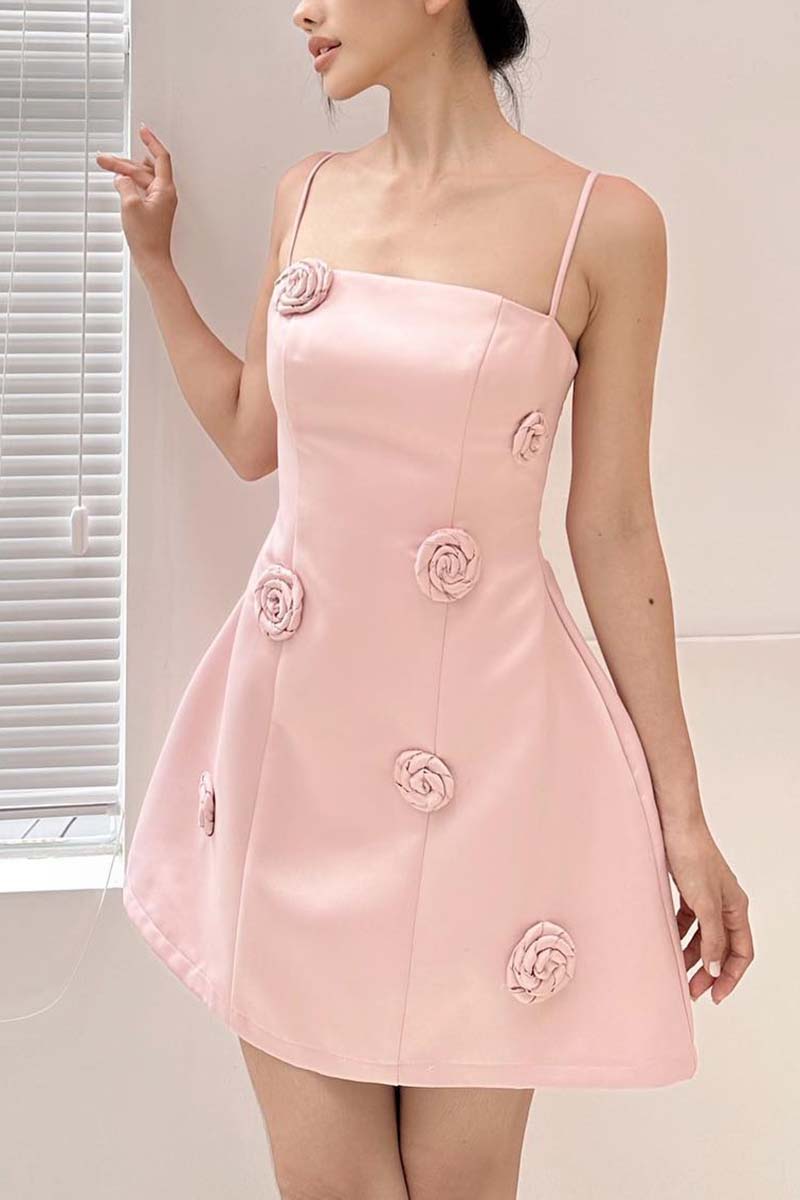 H5516 - Spaghetti Straps Sleeveless Floral Satin A-Line Mini Homecoming Dress