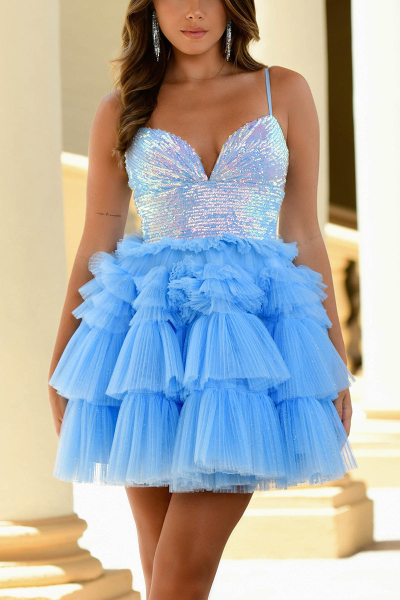 H5539 - V-Neck Spaghetti Straps Sequined Tulle A-Line Mini Homecoming Dress