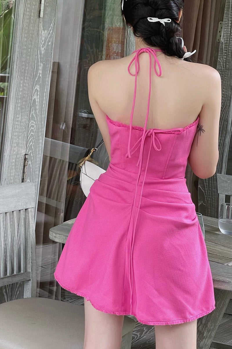 H5543 - Simple Halter Sleeveless Ruched Satin A-Line Mini Homecoming Dress