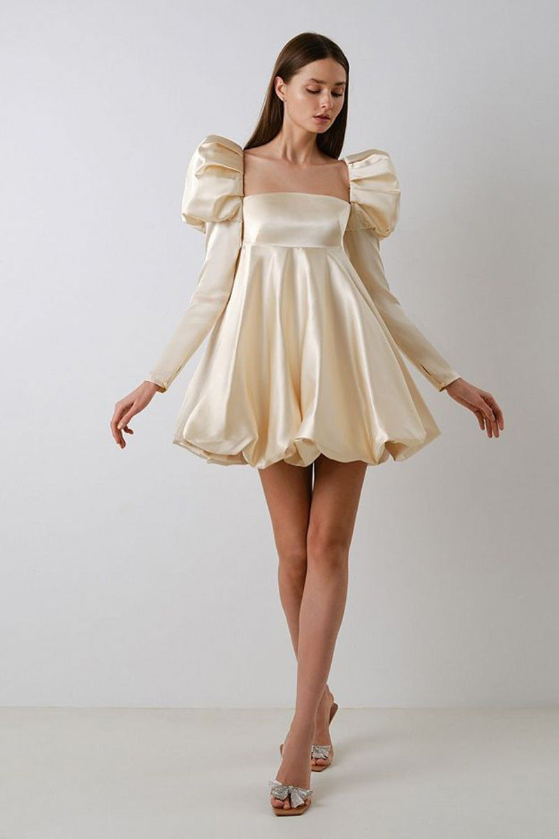 H5638 - Square Neck Long Puff Sleeves Ruched Satin A-Line Mini Homecoming Dress