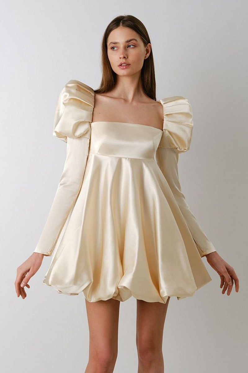 H5638 - Square Neck Long Puff Sleeves Ruched Satin A-Line Mini Homecoming Dress