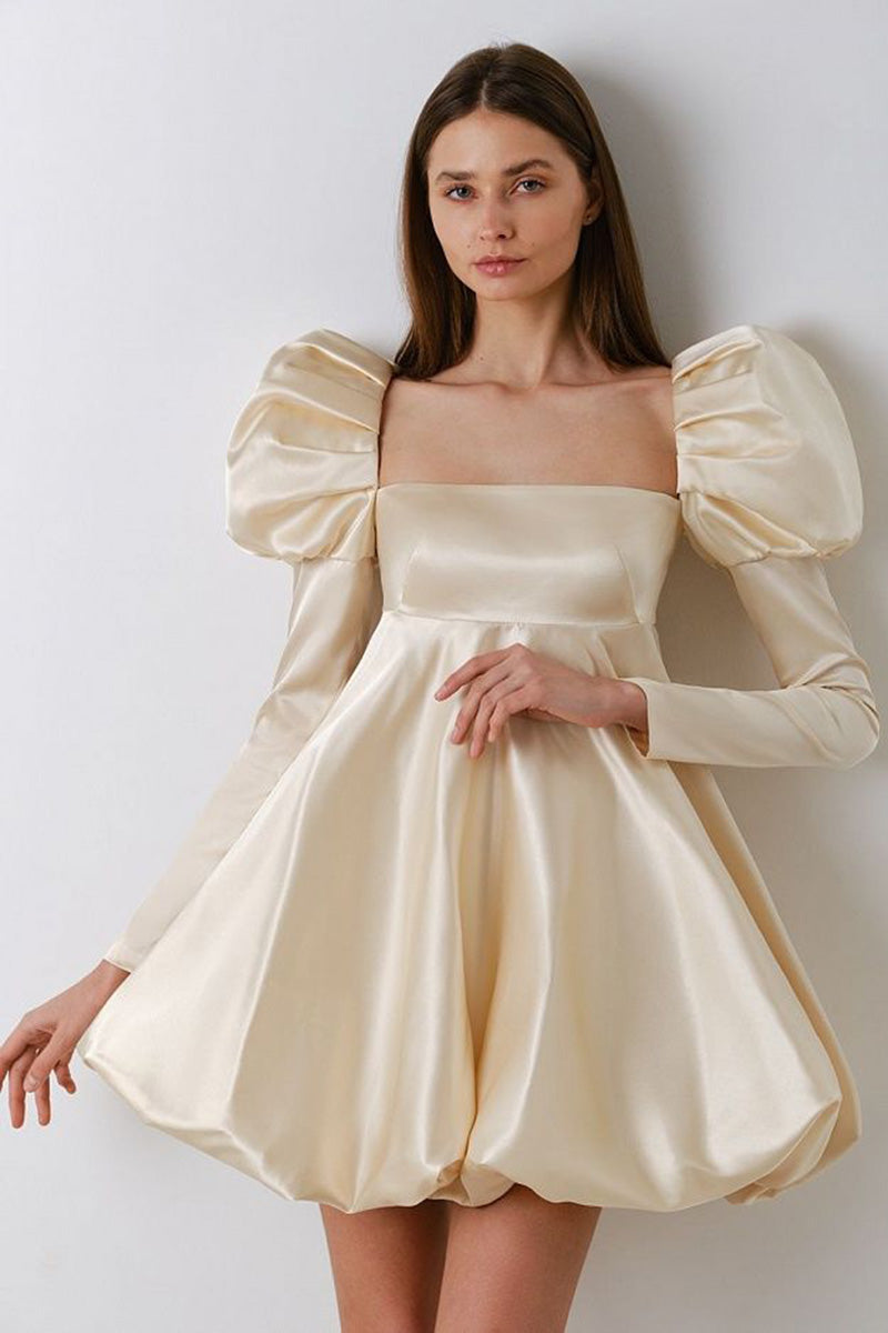 H5638 - Square Neck Long Puff Sleeves Ruched Satin A-Line Mini Homecoming Dress