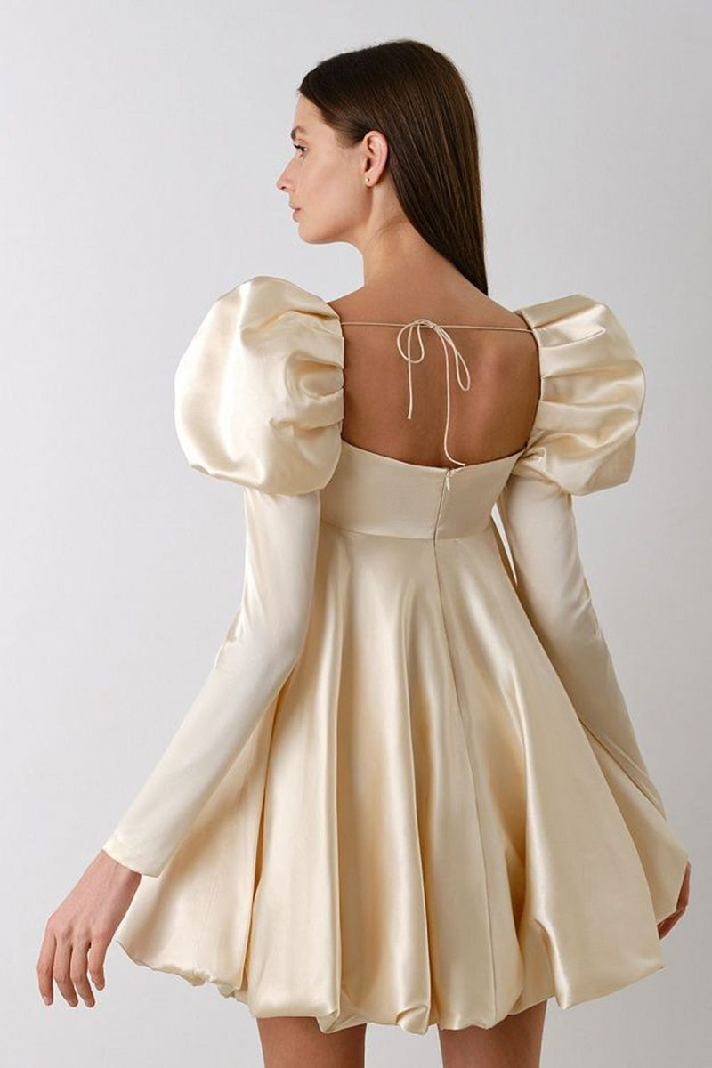 H5638 - Square Neck Long Puff Sleeves Ruched Satin A-Line Mini Homecoming Dress