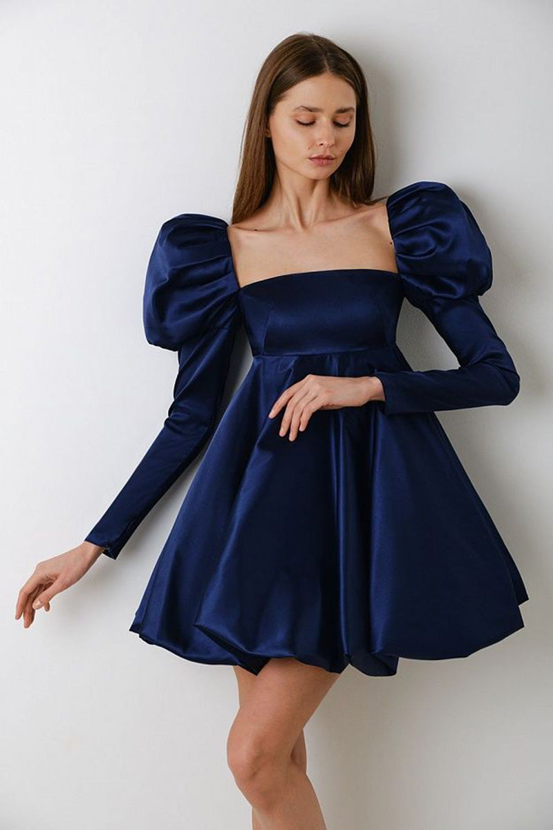 H5639 - Square Neck Long Puff Sleeves Ruched Satin A-Line Mini Homecoming Dress