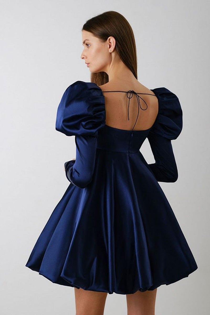 H5639 - Square Neck Long Puff Sleeves Ruched Satin A-Line Mini Homecoming Dress