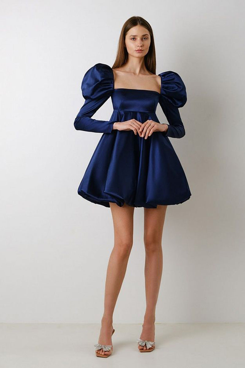 H5639 - Square Neck Long Puff Sleeves Ruched Satin A-Line Mini Homecoming Dress