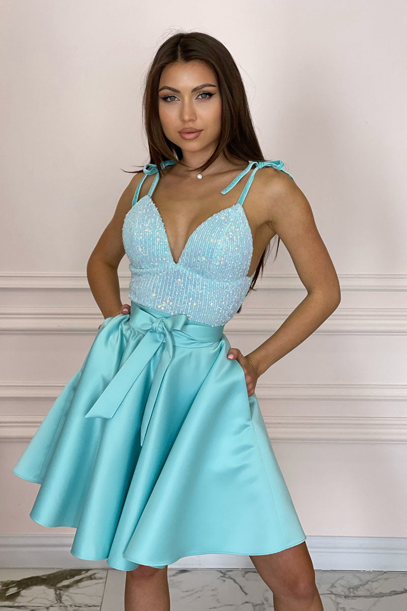 H5651 - Two Piece V-Neck Sequined Ruched Satin A-Line Mini Homecoming Dress