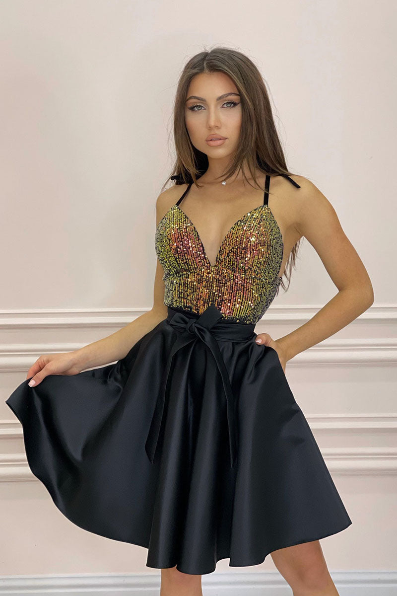 H5663 - Two Piece V-Neck Sequined Ruched Satin A-Line Mini Homecoming Dress