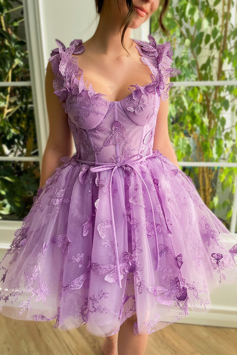 H5685 - Sweetheart Sleeveless Appliqued Sheer Tulle A-Line Mini Homecoming Dress