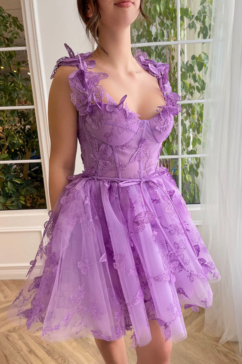 H5685 - Sweetheart Sleeveless Appliqued Sheer Tulle A-Line Mini Homecoming Dress